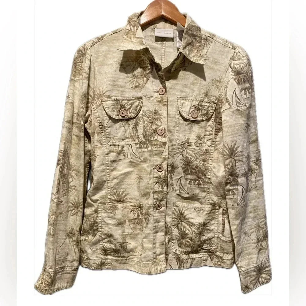 Liz Claiborne Womens Tan Tropical Sailboat Print‎ Cotton Utility Jacket Med EUC